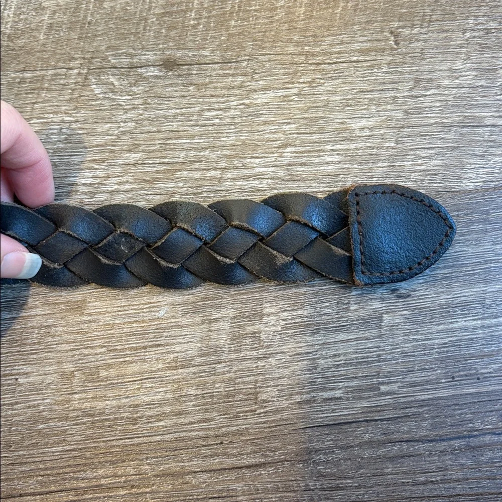 Men's Genuine Leather Braided Belt Dark Brown Distressed Silver Tone Buckle 41”